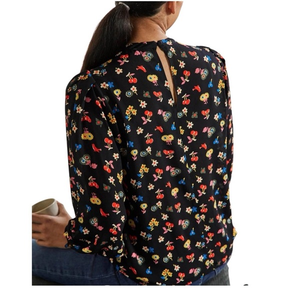 Boden Black Mock Neck Blouse with Colorful Flower and Cherries Design Women's 14 - Picture 8 of 14